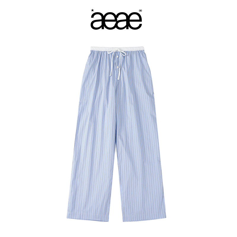 Aeae official store Korean Style High-Waisted Slimming Striped Casual Pants for Women Drawstring Wide-Leg Long Pants Lazy Style 2026 Wings