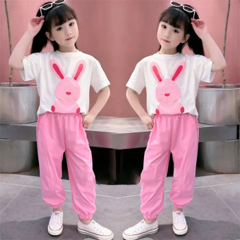 Brand Clearance Girls Summer Short-sleeved Suit Medium and Big Children's Sports and Leisure Summer Dress 2023 New Rabbit Clothes