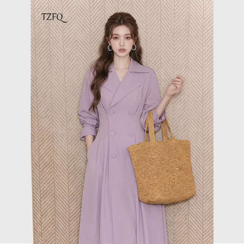 Purple Lapel Trench Coat-Style Dress, Simple and Elegant, with a High-End Feel, Particularly Beautiful, Waist-Cinching Mini Dress for Women in Autumn