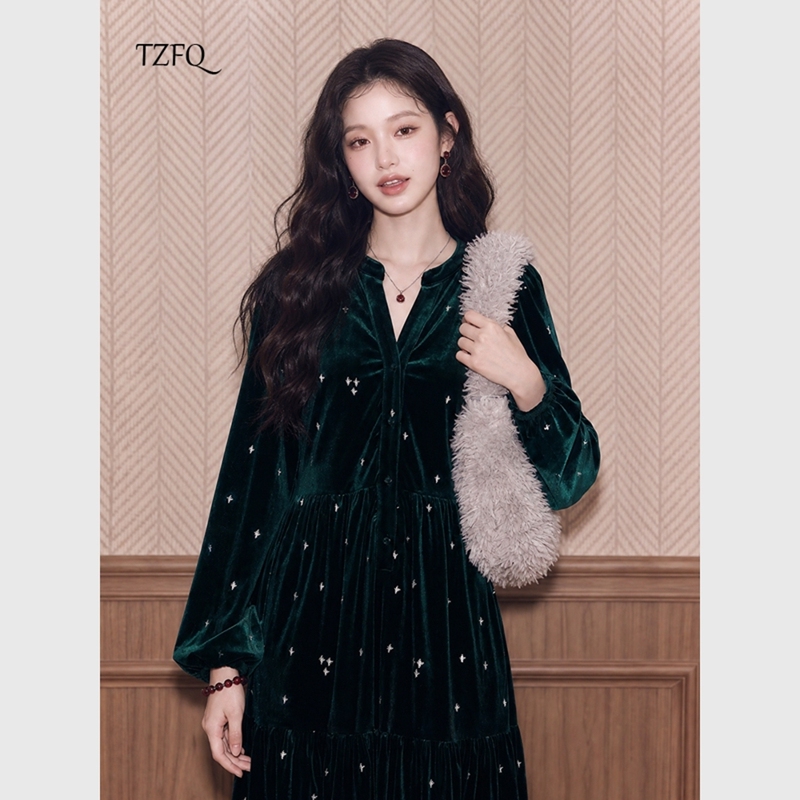Dark Green Velvet Dress Engagement Dress Light Luxury Niche High-End Formal Occasion Exquisite Dress Women Autumn