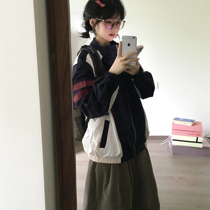 American Retro Patchwork Color-Blocking Campus-Style Jacket for Women, Spring and Autumn High-End Racing Sports Baseball Jacket