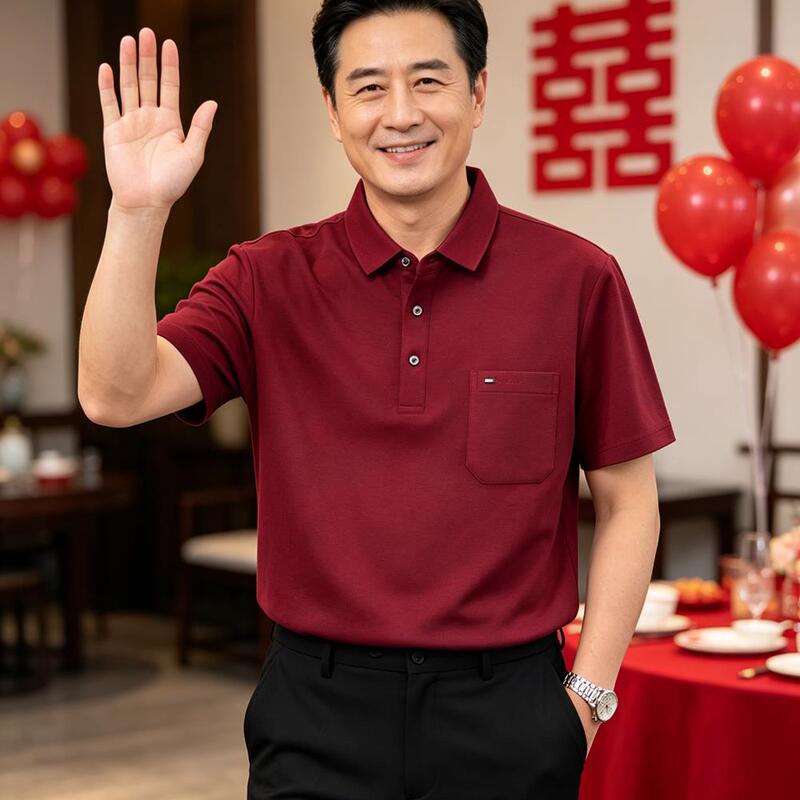 Silk-Gloss Cotton T-Shirt for Dad's Wedding Banquet, Can Be Worn Casually, with Pockets, Turn-Down Collar, Summer Short-Sleeve, Polo Shirt for 50-Year-Old Men