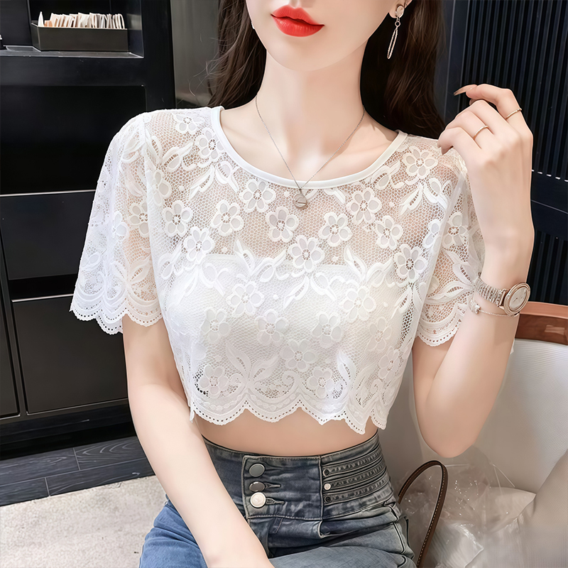Summer New Style Black and White Half Lace Bottoming Shirt for Women, Short Round Neck Short-Sleeved Inner Blouse Top