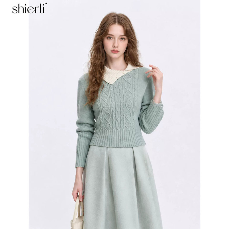 Shierli【Mint Kiss Style】Cable Knit Irregular Lapel Knitwear Skirt Women's 26 Autumn/Winter Sweater Shierli【Mint Kiss Style】Cable Knit Irregular Lapel Knitwear Skirt Women's 26 Autumn/Winter Sweater