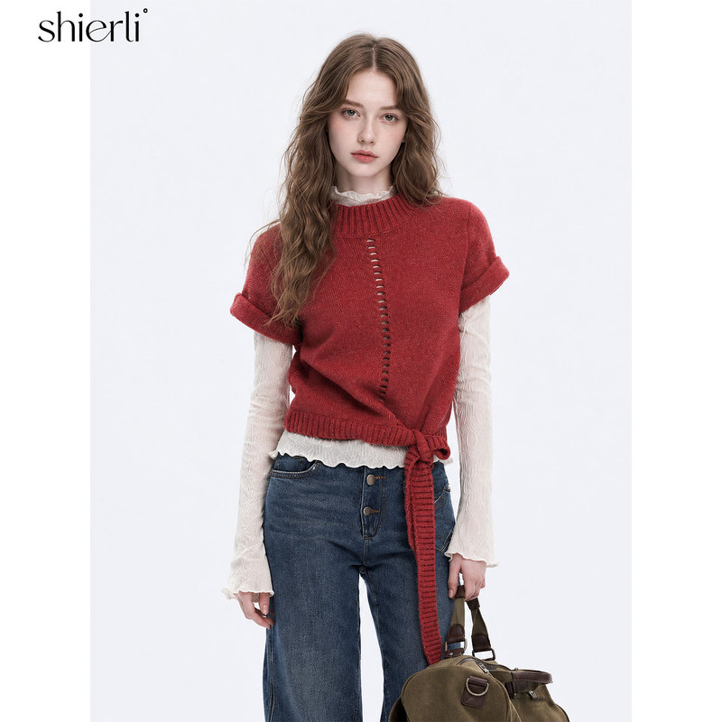 Shierli Soft Crinkle Stand Collar Roll Sleeve Tie Red Short-Sleeve Sweater for Women, Autumn 26, Hollow-Out Layered Knit Top Shierli Soft Crinkle Stand Collar Roll Sleeve Tie Red Short-Sleeve Sweater for Women, Autumn 26, Hollow-Out Layered Knit Top