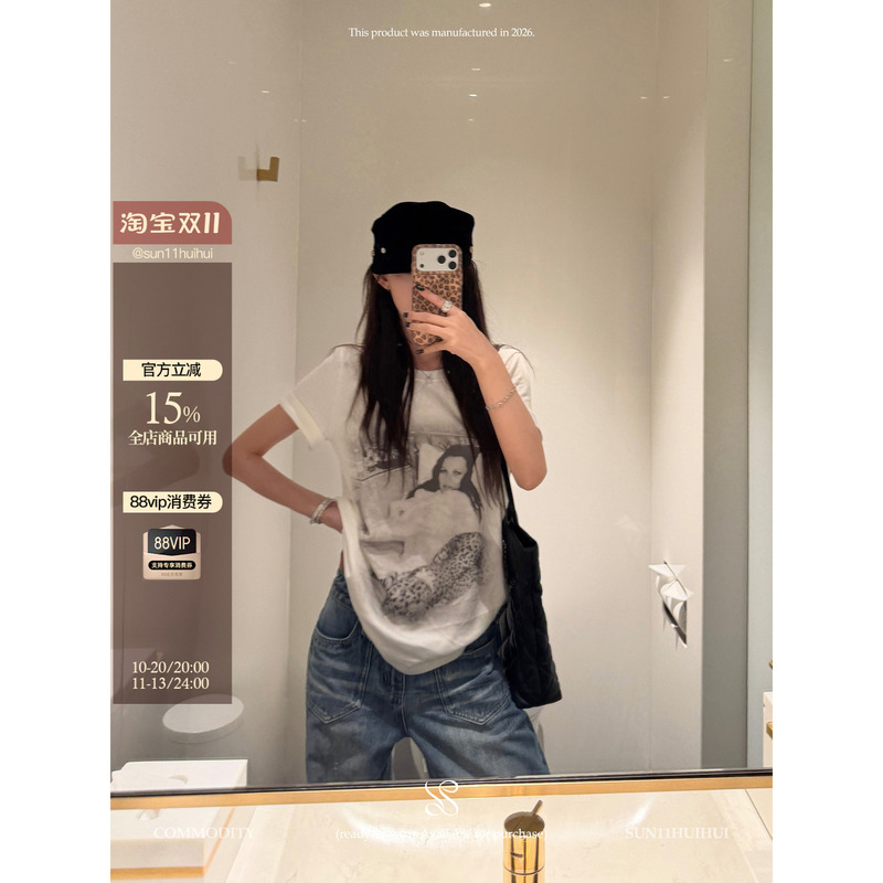 Sun11【Millennial Portrait】Modal Round Neck White Short-Sleeved T-Shirt for Women, American Style Hot Girl Loose Long-Sleeved Top
