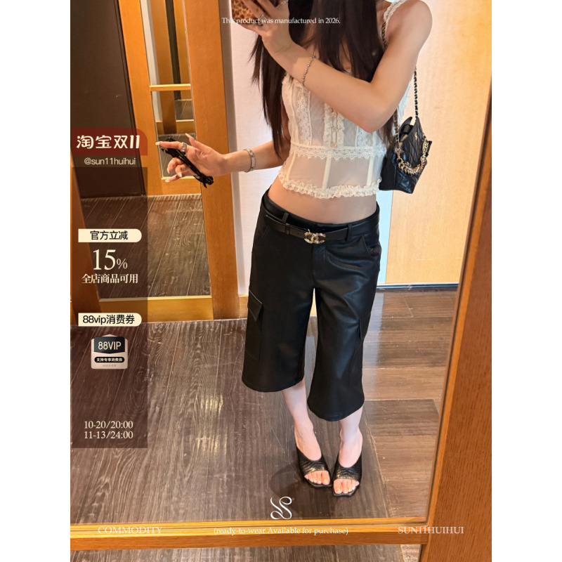 Sun11【Workwear Leather Shorts】Black Low-Waisted Cargo Straight-Leg Leather Shorts for Women, Autumn Casual Shorts Sun11【Workwear Leather Shorts】Black Low-Waisted Cargo Straight-Leg Leather Shorts for Women, Autumn Casual Shorts