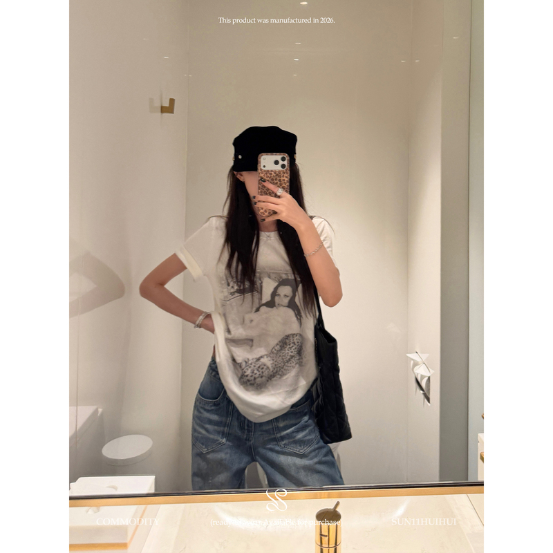 Sun11【Millennial Portrait】Designed White Short-Sleeved T-Shirt for Women, American Style Hot Girl Loose Slimming Long-Sleeved Top Sun11【Millennial Portrait】Designed White Short-Sleeved T-Shirt for Women, American Style Hot Girl Loose Slimming Long-Sleeved Top