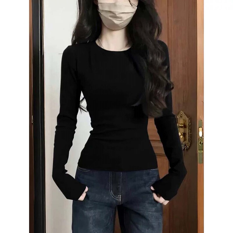 Black Regular Shoulder Round Neck Long-Sleeve T-Shirt for Women, Suitable for Spring and Autumn, Slim Fit Base Layer That Can Be Worn Outside, Flattering and Slimming Top