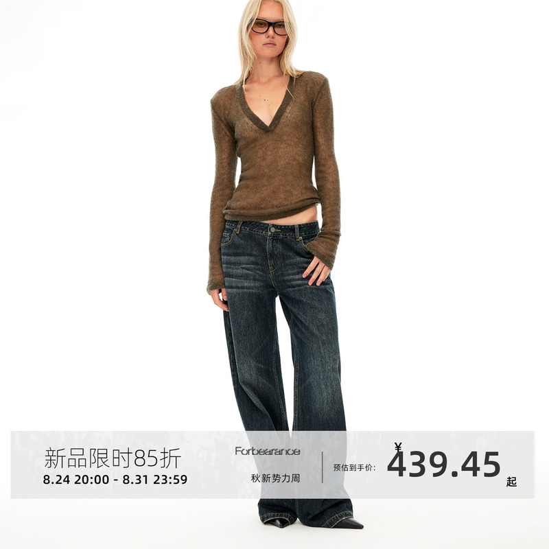 Forbearance Vintage Whiskered 100% Cotton Heavy-Duty Washed Jeans Low-Rise Straight Wide-Leg Pants Slimming Casual