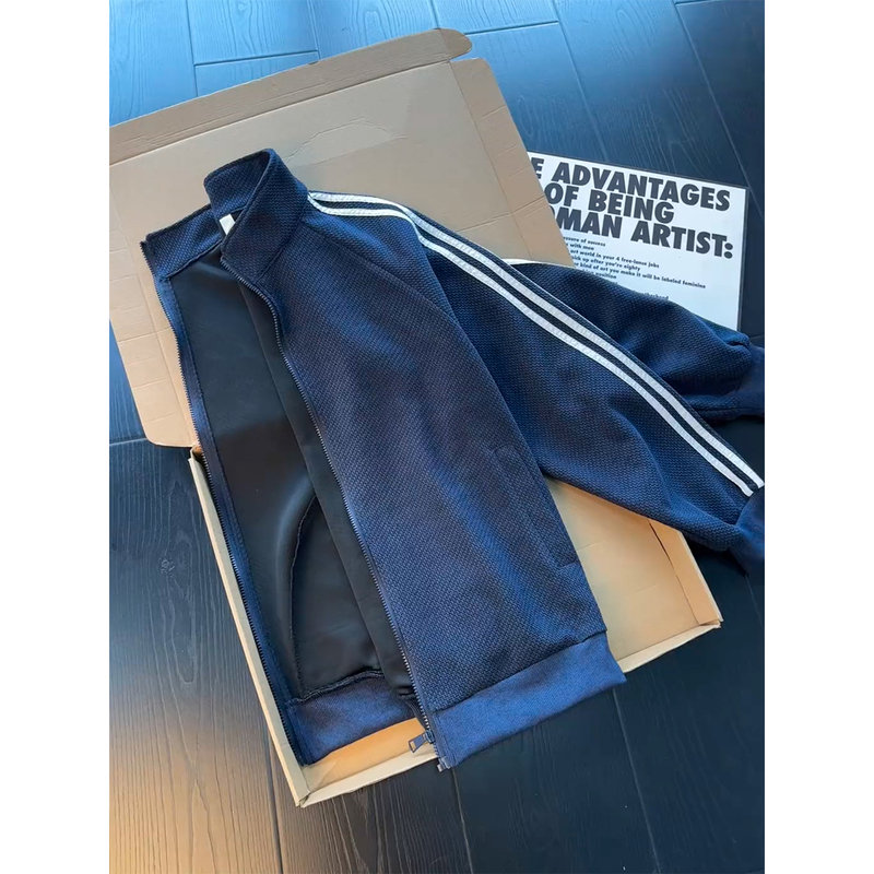 Navy Blue Dragon Scale Stripe Cardigan Jacket for Men, Autumn American Style Three-Stripe Regular Shoulder Sweatshirt, Stand Collar Sports Jacket