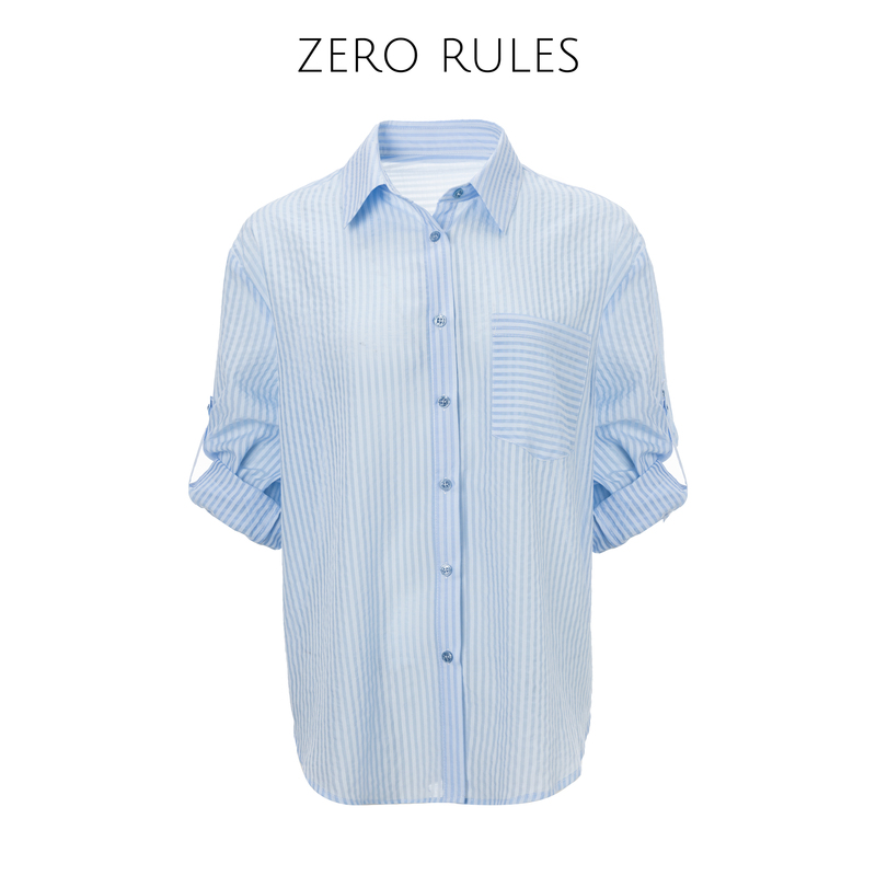 Wanwan Light Luxury [Nautical Stripe Shirt] Sail Blue Stripes Contrast Tencel Blend Loose Sun Protection Shirt