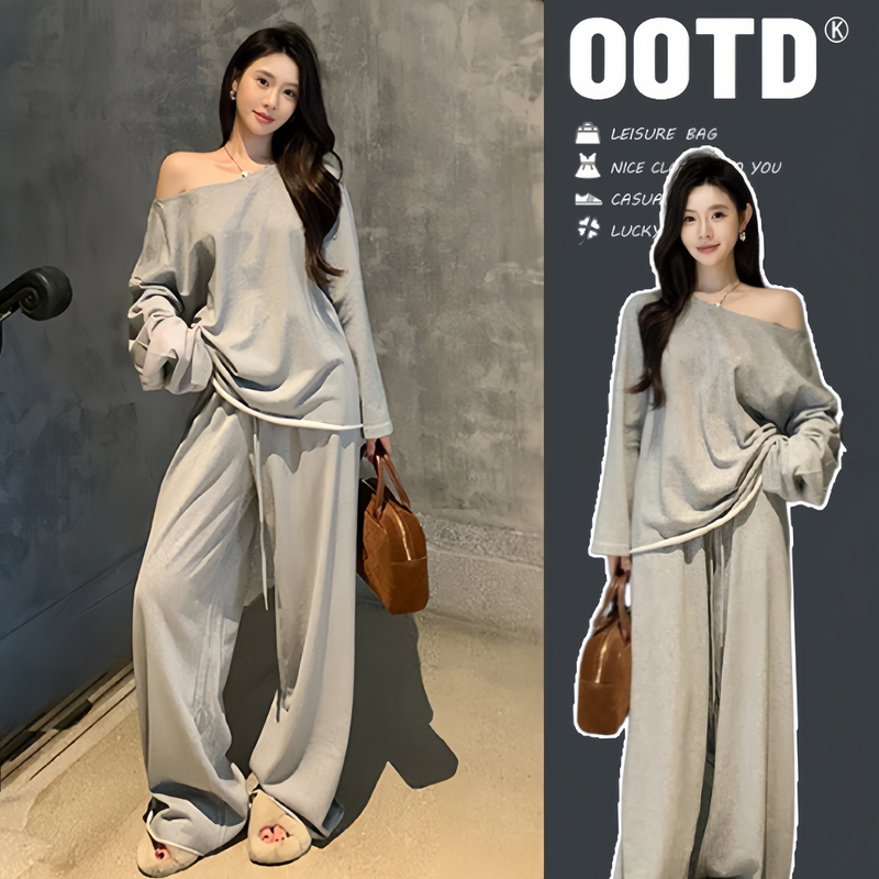 Maternity Wear Autumn Set, Fashionable and Lazy Style, Korean Style Outfit, Loose Shoulder-Baring Top, Wide-Leg Pants Two-Piece Set, Maternity Wear Maternity Wear Autumn Set, Fashionable and Lazy Style, Korean Style Outfit, Loose Shoulder-Baring Top, Wide-Leg Pants Two-Piece Set, Maternity Wear