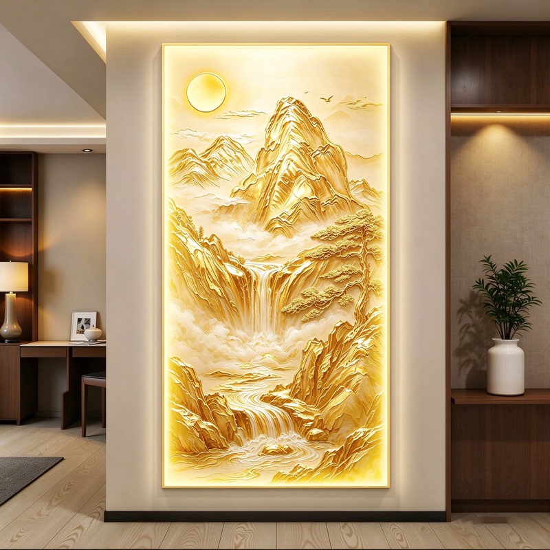 Sunlight Reflecting on Golden Mountain Entrance Decorative Painting, Light Luxury and Elegant Style, High-End Led Illuminated Gold Painting for Doorway Sunlight Reflecting on Golden Mountain Entrance Decorative Painting, Light Luxury and Elegant Style, High-End Led Illuminated Gold Painting for Doorway