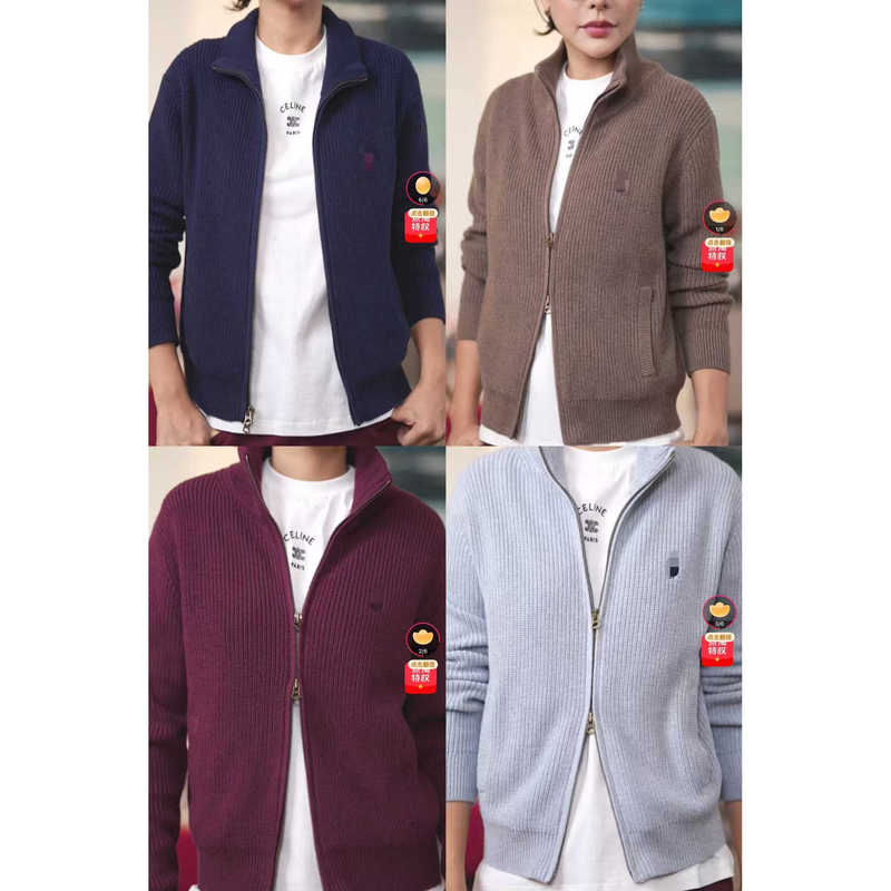 Four-Color Pony Double-Headed Pull-Tab Stand Collar Knitted Cardigan Jacket Four-Color Pony Double-Headed Pull-Tab Stand Collar Knitted Cardigan Jacket