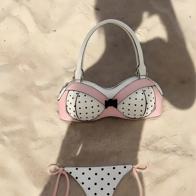 Sweetheart Pink and White Polka Dot Bra Bag, Beach Bikini Underarm Bag, Bow Lace Crossbody Bag, Sweet and Cool Hot Girl Style Sweetheart Pink and White Polka Dot Bra Bag, Beach Bikini Underarm Bag, Bow Lace Crossbody Bag, Sweet and Cool Hot Girl Style