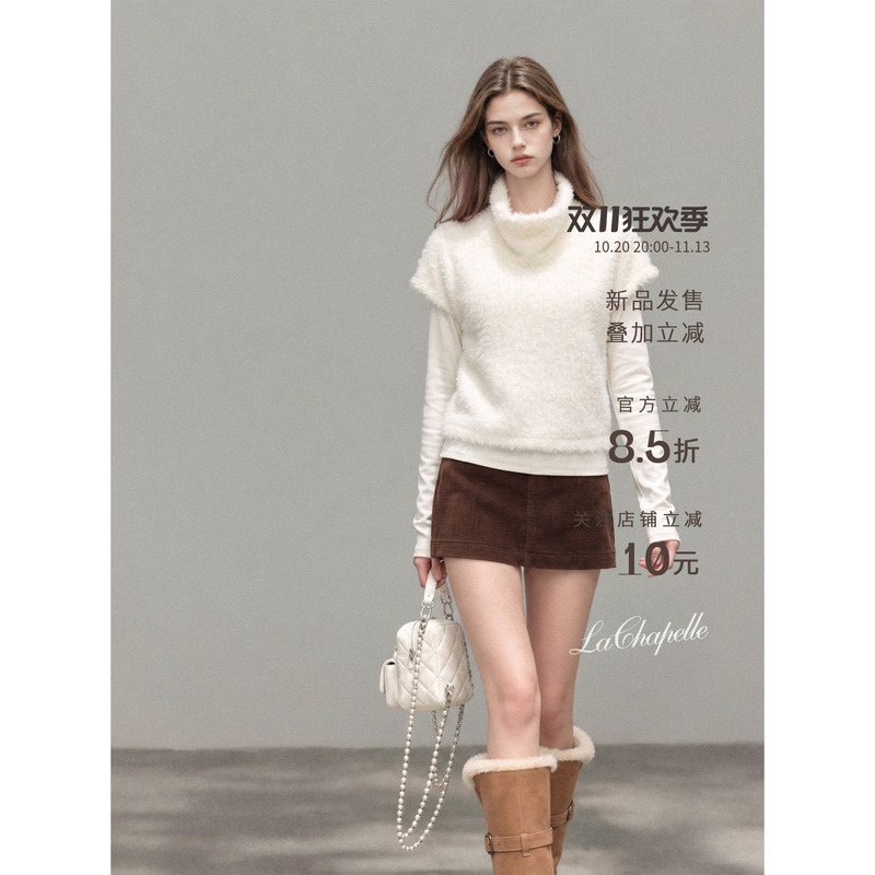 La Chapelle Off-White Velvet-Like High-Neck Short-Sleeve Knit Sweater for Women, Winter Lazy Vibe Warm Layering Top La Chapelle Off-White Velvet-Like High-Neck Short-Sleeve Knit Sweater for Women, Winter Lazy Vibe Warm Layering Top