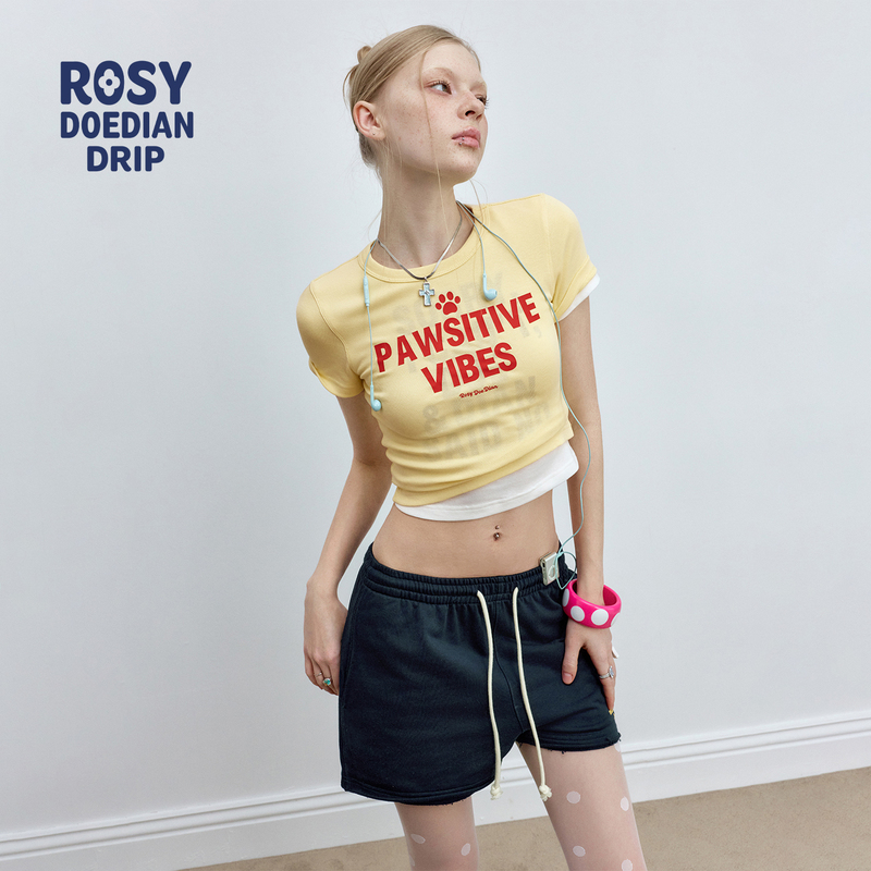 Rosydoedian【Oh My Doe】Zhao Lusi's Same Style Short-Sleeved T-Shirt for Women, Summer Slim-Fit Short Top