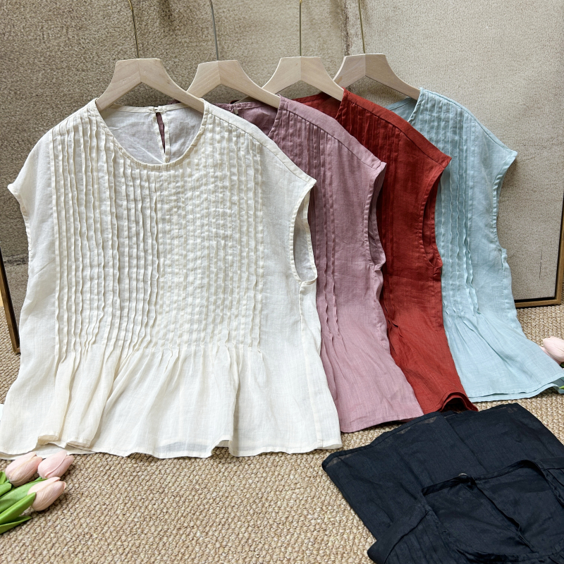 Artistic Ramie Accordion Pleated Design Round Neck Short-Sleeved Shirt for Women, Loose and Age-Reducing Top 611 H61119 Artistic Ramie Accordion Pleated Design Round Neck Short-Sleeved Shirt for Women, Loose and Age-Reducing Top 611 H61119