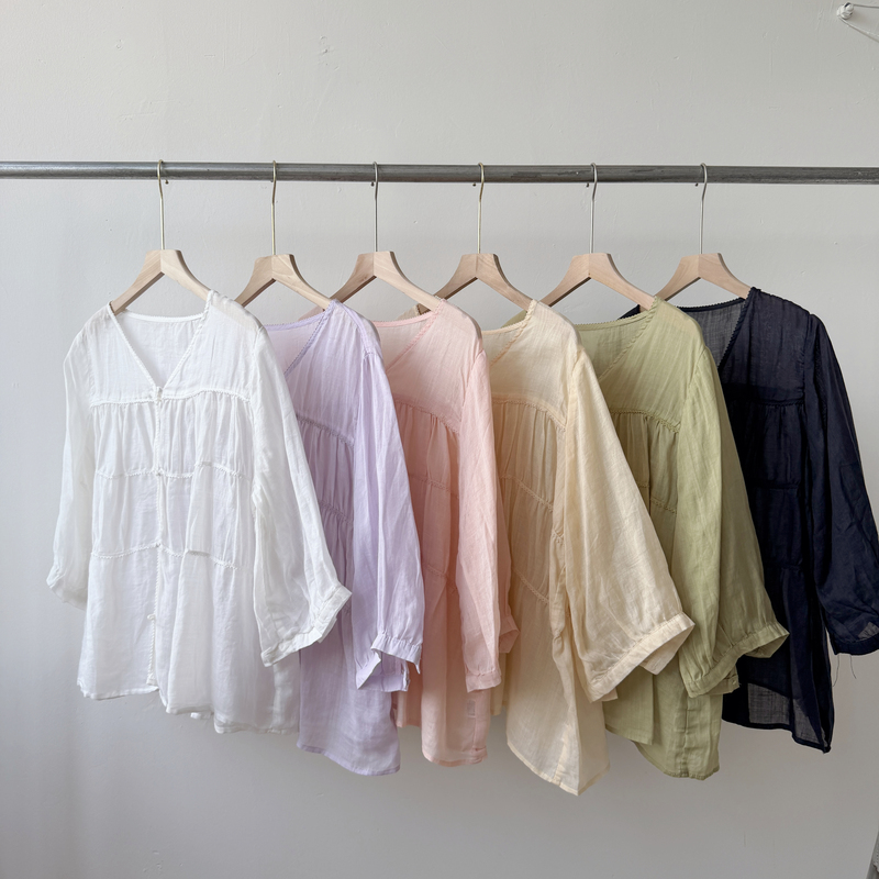 【No Restock】Japanese-Style Simple Ramie V-Neck Patchwork Ruched Three-Quarter Sleeve Ramie Shirt for Women 722 H72118