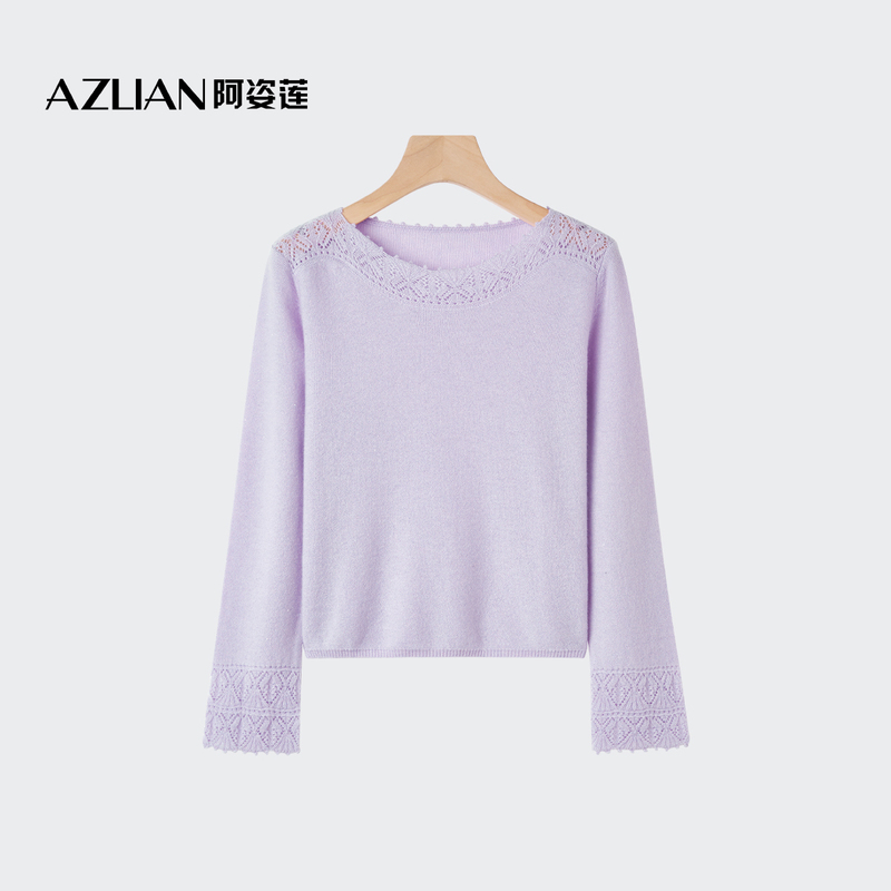 Azilian Cashmere Hollow-Out Light Luxury Style Round Neck Long-Sleeve Fine Knit Sweater for Women, Warm Knitwear Top, Base Layer Shirt