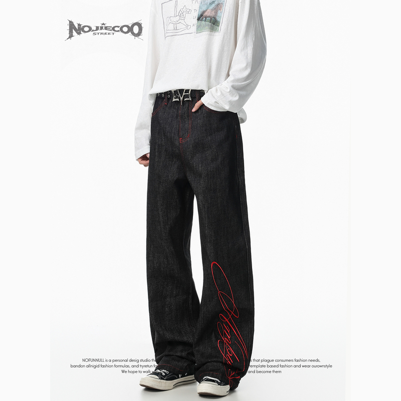Nojiecoo American-Style Trendy Brand Letter Embroidery Raw Denim Flared Jeans Unisex Loose Versatile Casual Long Pants Nojiecoo American-Style Trendy Brand Letter Embroidery Raw Denim Flared Jeans Unisex Loose Versatile Casual Long Pants