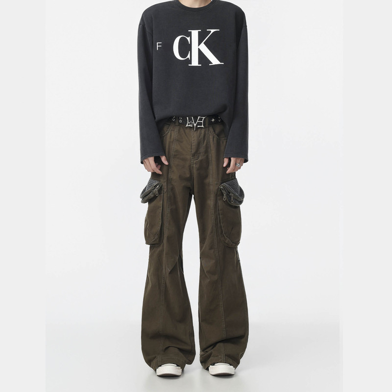 Nojiecoo American Street Workwear Style Double Zipper Multi-Pocket Wide-Leg Pants Unisex Three-Dimensional Cut Straight-Leg Pants Nojiecoo American Street Workwear Style Double Zipper Multi-Pocket Wide-Leg Pants Unisex Three-Dimensional Cut Straight-Leg Pants