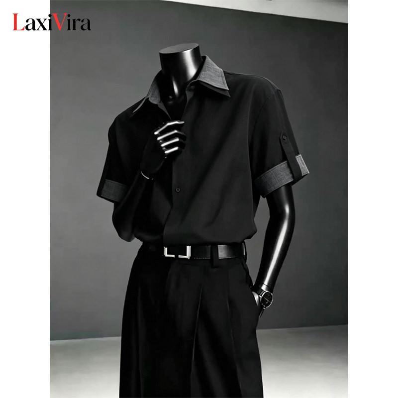 Black Faux Two-Piece Double-Collar Linen Shirt Short-Sleeve Men's Naples Godfather Shirt Men's Jacket for Summer and Autumn
