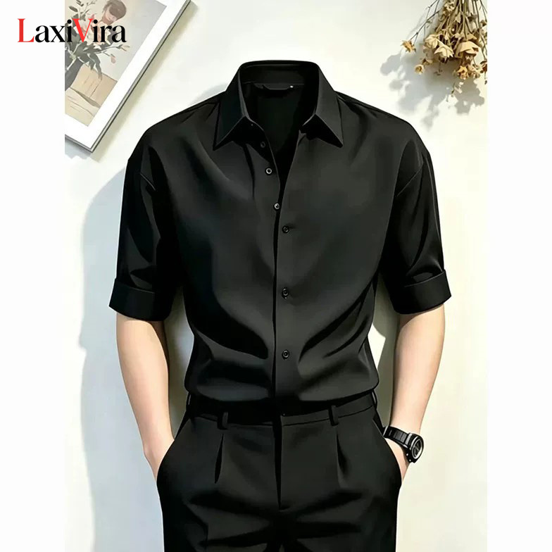 Naples Black Short-Sleeve Shirt for Men 2026 New Basic Shirt Godfather Straight Shoulder Shirt Men's Autumn Style