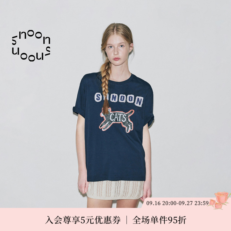 Snoon Cat Print Short-Sleeved T-Shirt with Patch Letters Couple Loose Top Women's 2026 Summer New Style Sinoon Snoon Cat Print Short-Sleeved T-Shirt with Patch Letters Couple Loose Top Women's 2026 Summer New Style Sinoon