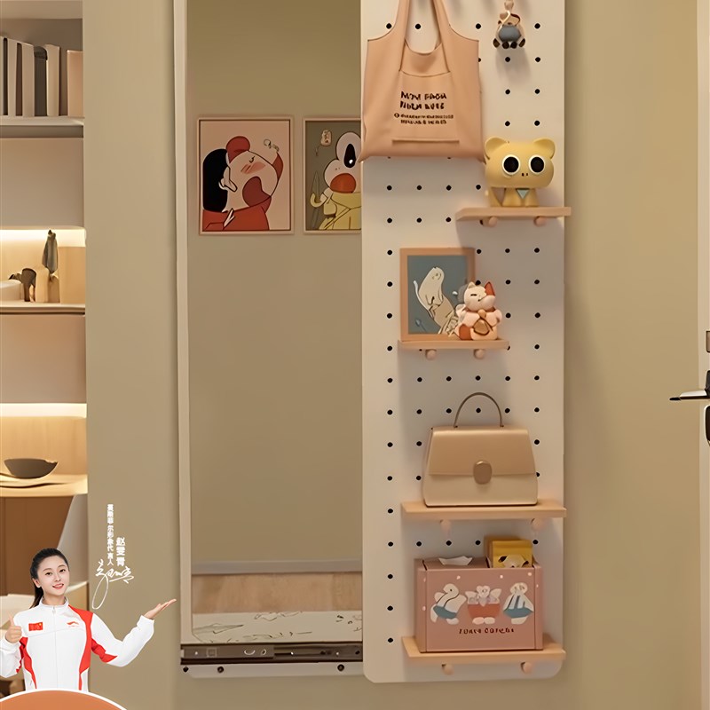 Cream solid wood hole board dressing mirror integrated entrance entrance hidden sliding full-body mirror door rear wall storage rack