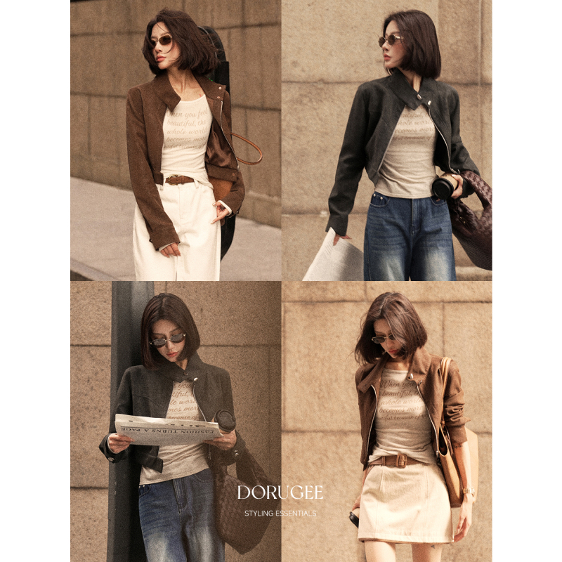 Dorugee'Mist Color' Autumn and Winter Women's Suede Stand Collar Slim Fit Straight Shoulder Short Top Motorcycle Jacket