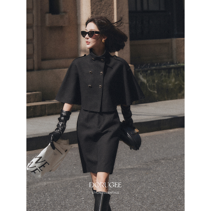Dorugee "Manchester City" Minimalist High-Fashion Cape Shawl Top Belt Skirt Fashion Set for Women Autumn