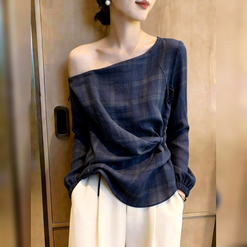 French-Style Design Off-Shoulder Tie-Up Top for Women, 2026 Summer New Model, Navy Blue, Slim Fit, Elegant and Sophisticated