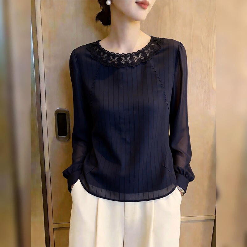 French-Style Gentle Lace-Trimmed Shirt for Women, 2026 Autumn New Model, Dark Blue Slim-Fit Elegant Niche Fashion Top