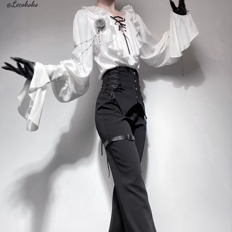 Original Design by Is Just a Cat: White Backless Shirt with V-Neck, Court-Style Prince-Style Lolita High-Waisted Trousers, in Stock Original Design by Is Just a Cat: White Backless Shirt with V-Neck, Court-Style Prince-Style Lolita High-Waisted Trousers, in Stock