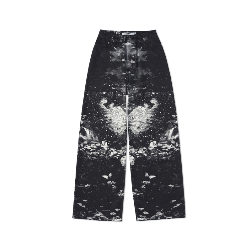 Xinadu Butterfly Pattern Starry Sky Wide Leg Jeans Black Trousers