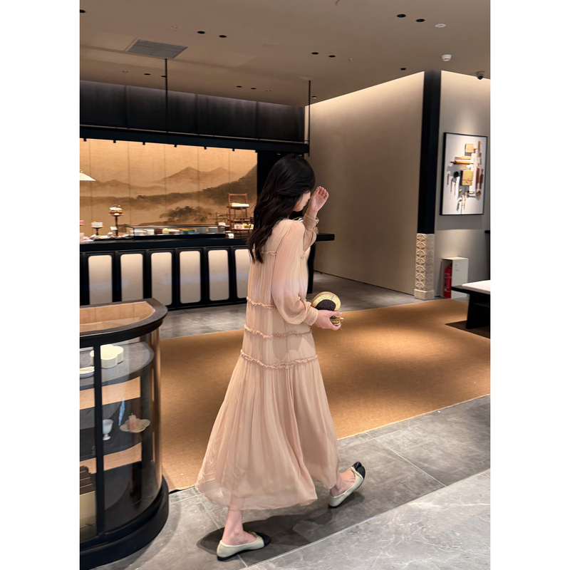 Fang Airen [Broken Edge Cake] 100% Silk Pink Design Elegant Sleeveless Long Dress for Women in Autumn