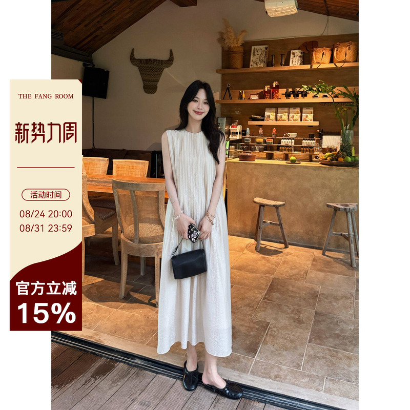 Fang Airen [Suying Tea Break] Summer Design Pleated Draped Casual Solid Color Sleeveless Tank Dress for Women