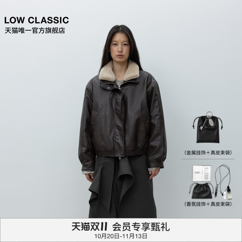 [Official Authentic Product] Low Classic Detachable Fur Collar Design Motorcycle Jacket Leather Coat Korean Style for Women