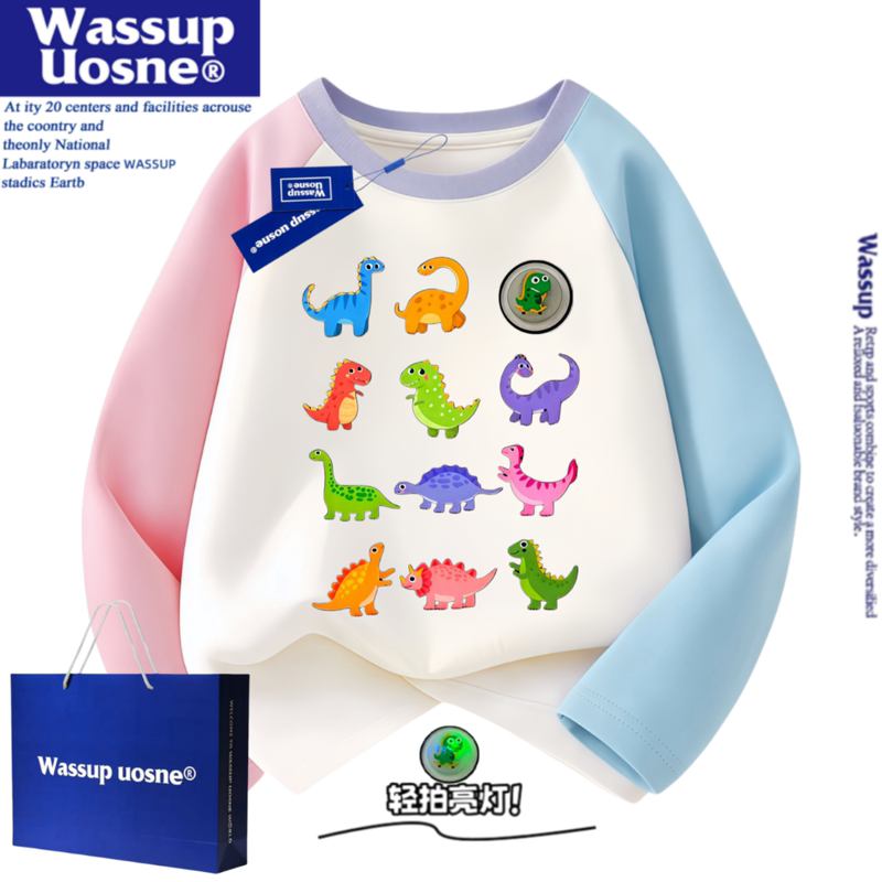 Wassup Dinosaur Family Light-Up Children's Pure Cotton Long-Sleeve T-Shirt Spring and Autumn Boys and Girls Cute Color-Block Top Wassup Dinosaur Family Light-Up Children's Pure Cotton Long-Sleeve T-Shirt Spring and Autumn Boys and Girls Cute Color-Block Top