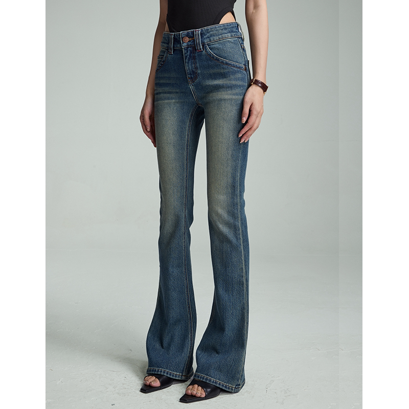 Vintage Blue Flared Jeans for Women, Autumn Hong Kong Style Washed High-Waisted Slimming Pear-Shaped Extended Floor-Length Denim Pants
