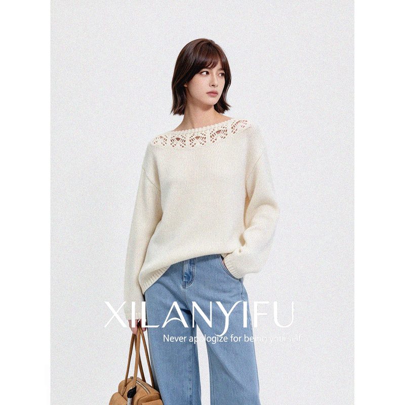 Xilanyifu Korean Style Lazy Style One-Shoulder Hollow-Out Crochet Knit Sweater for Women, White Sweater with a Relaxed Feel