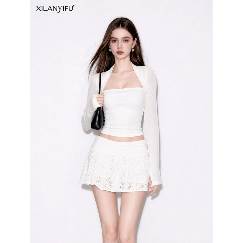 Xilanyifu Sweet and Spicy Style Hollow-Out Design High-Waisted Drawstring Elastic Waist White Super Pretty Pleated Short Skirt