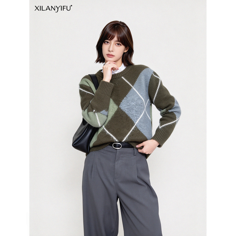 Xilanyifu Lazy Style Retro Green Diamond-Shaped Sweater 2026 Autumn Korean Design Niche Knitwear