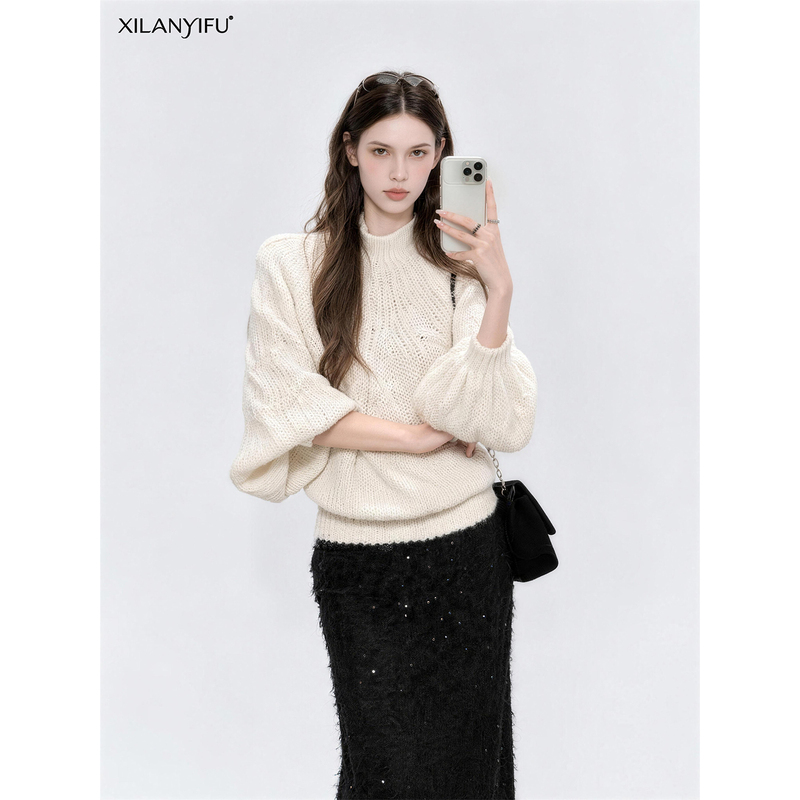 Xilanyifu Lazy Style High-Neck Lantern Sleeve Knit Sweater in Milky White, Versatile and Stylish Early Autumn Top