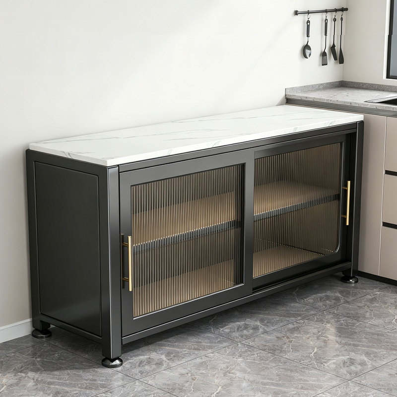Slate Sliding Door Kitchen Storage Rack, Sideboard, Floor-Standing Multi-Layer Microwave Storage, Multifunctional Storage Cupboard, Cabinet