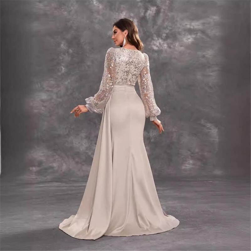 New Style Women's Cocktail Party Evening Dress Sequined Satin V-Neck Long Sleeve Elegant Evening Dress-Ssw5206 New Style Women's Cocktail Party Evening Dress Sequined Satin V-Neck Long Sleeve Elegant Evening Dress-Ssw5206