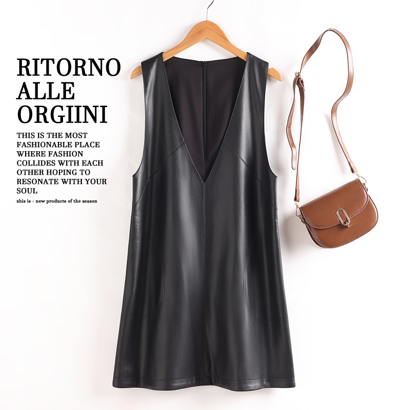 Genuine Leather Vest for Women 2026 Spring and Autumn New Style V-Neck Waistcoat Slimming Versatile Loose Vest Dress Mid-Length