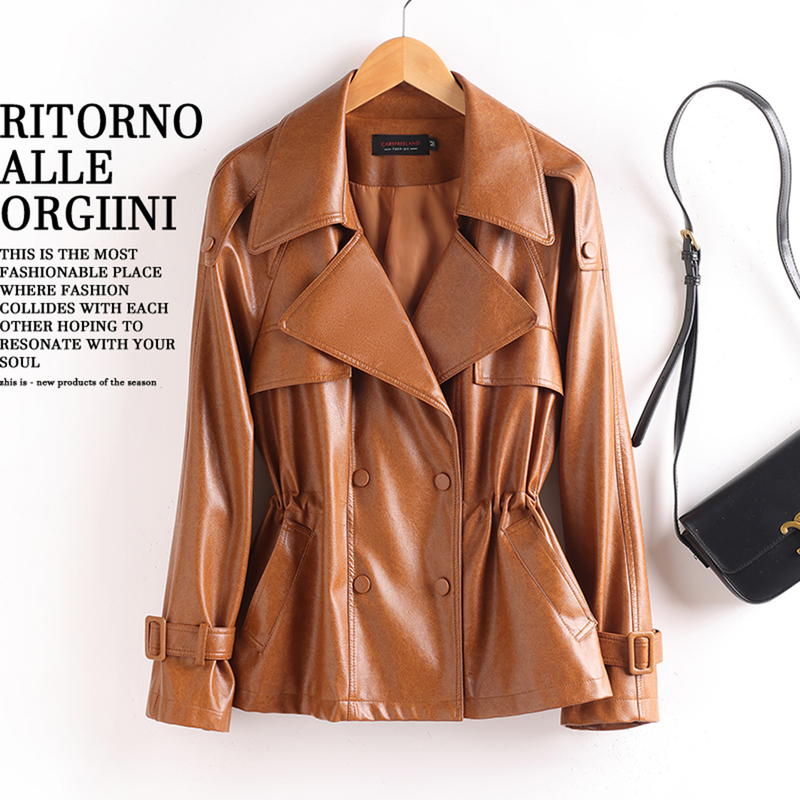 Genuine Leather Jacket for Women, Short Style, 2026 New Spring and Autumn Fashion, High-End Leather Jacket, Petite Waist-Cinching Trench Coat
